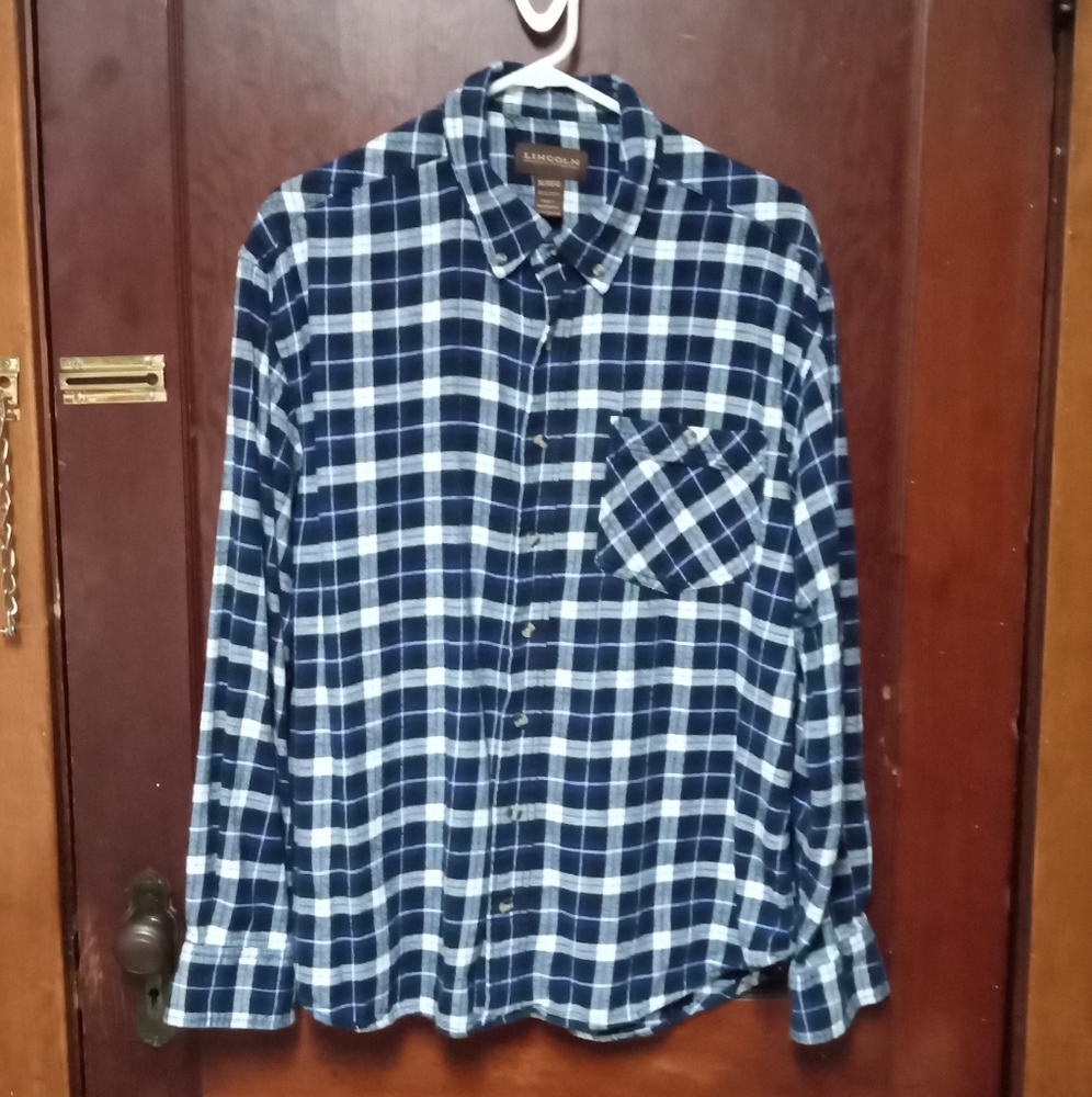Heavy XL Lincoln 100% cotton flannel blue white button collar pocket